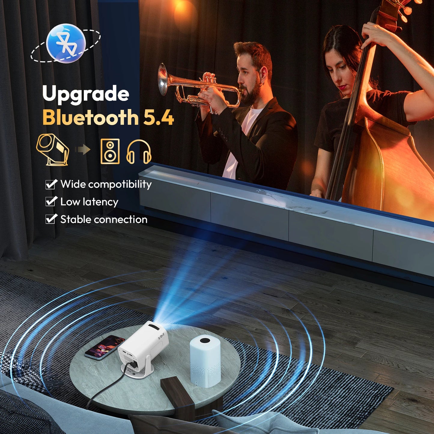XGODY Gimbal 3 Pro Mini Smart Projector, 300 ANSI, Native 720P, Android 14, WiFi 6 & BT 5.4, Auto Keystone Correction, Wireless Screen Mirroring, 20-120 Inch HD Home Theater Projector for Bedroom Movies Gaming, Support HDMI U