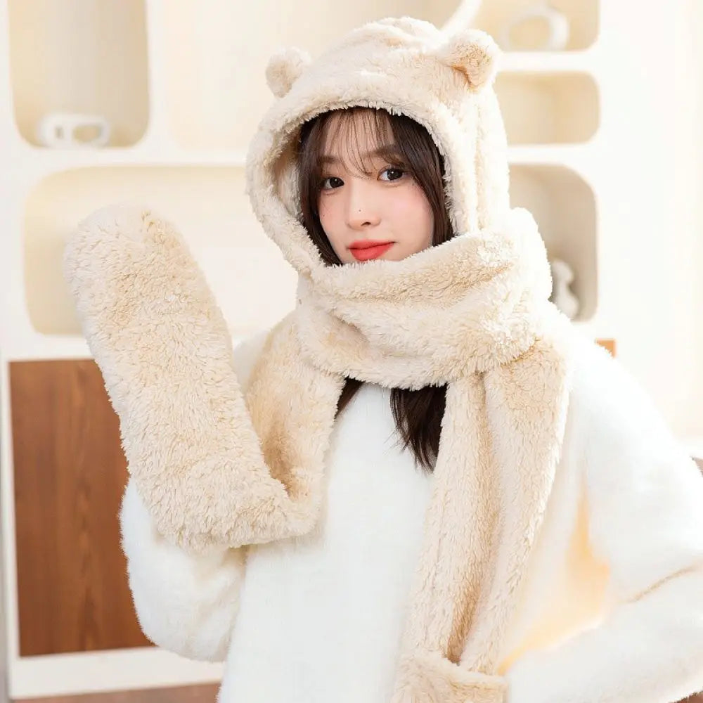 Winter Cute Bear Hat Scarf Gloves Set Plush Thickened Warm Ear Protection Hooded Beanie Shawl Mittens Cozy Daily Accessory