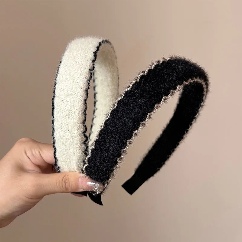 Autumn Winter Plush Ribbon Headbands Black White Cashmere Knit Hairband Women's Elegant Hair Accessories Warm Headwrap Non-slip
