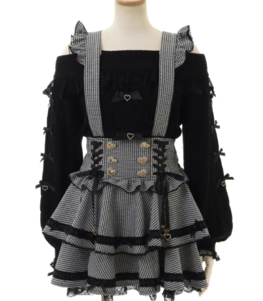 Original Japanese Mines Lolita Strap Skirts Women High Waist and Thin Frilly Pleated Skirt College Style Liz Girl Plaid Skirt