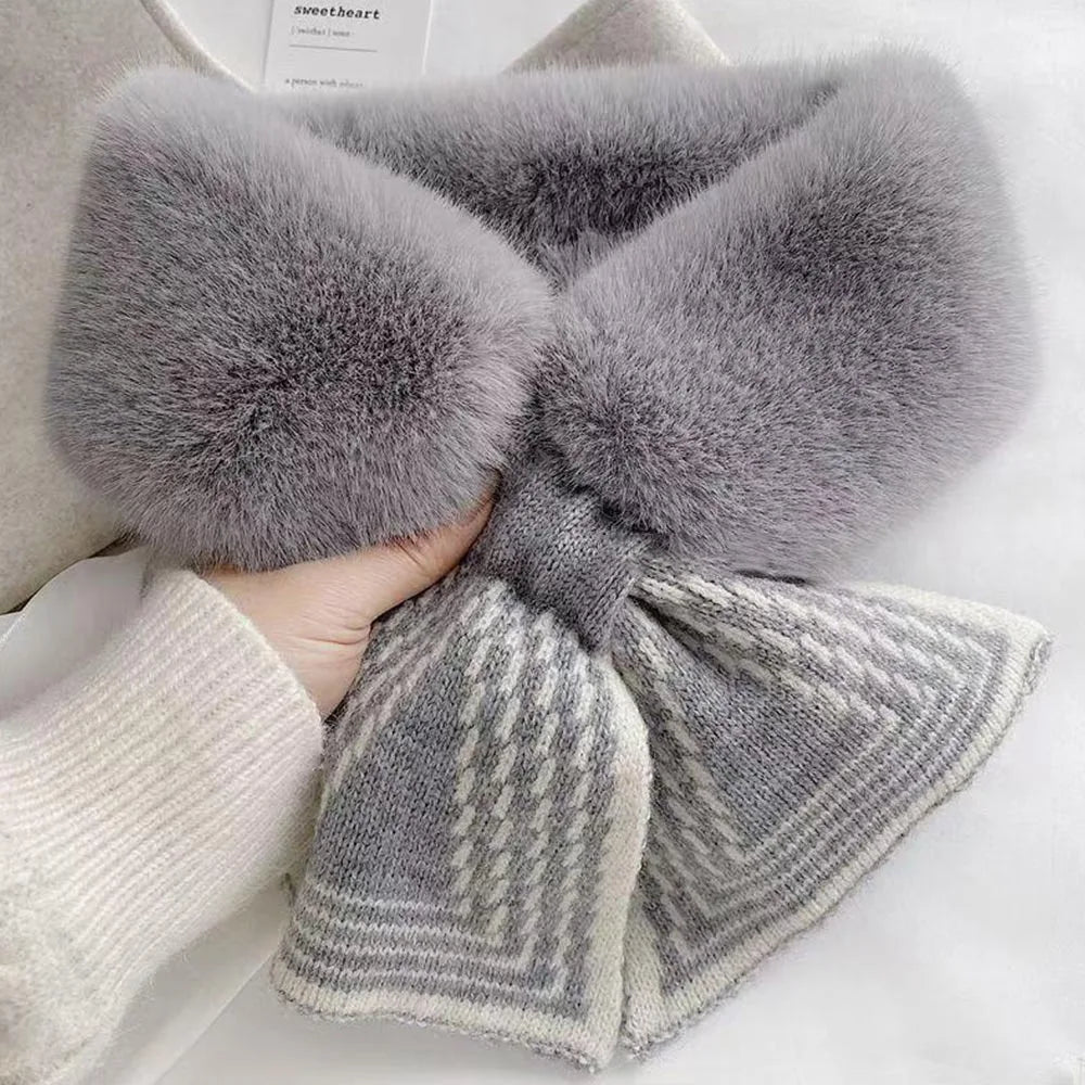 Fashion Accessory Solid Color Winter Neck Warmer Thicken Neck Warmer Cross Collar Scarf Faux Rabbit Fur Scarf for Women Girls