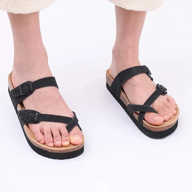 Comwarm Men's Cork Footbed Slides Sandals Arch Support Summer Outdoor Sandals with Adjustable Buckle Leisure Men Leather Slides