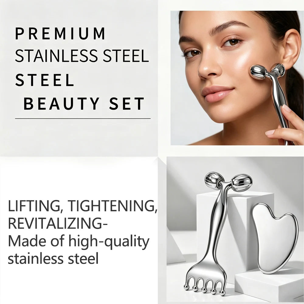 Stainless Steel Face Roller & Gua Sha, Facial Massager with Scalp Comb, Skin Lifting & Puffiness Reducing Massage Tools for Face