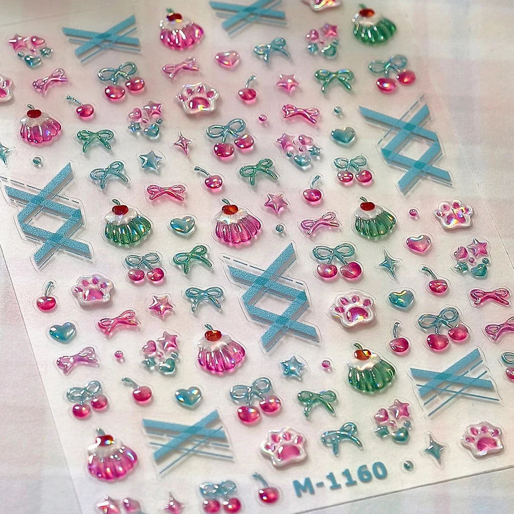 Sweet Summer Delicious Watermelon Ice Cream 5D Nail Art Sticker Elegant Bowknot Cool Ice Square Jelly Nail Decals for Manicure