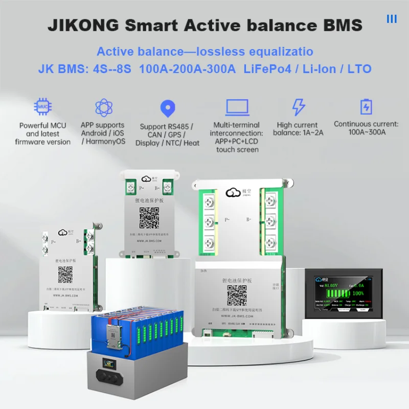 JK BMS 100A Jikong BMS JK-B1A8S10P Smart BMS 8S 24V Active Balance 1A BMS for LiFePO4 Lithium Ion Battery BMS RS485 CAN App BT