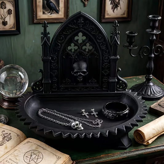 1-Piece Gothic Church Skull Jewelry Storage Tray, Dark Retro Desktop Organizer, Necklace, Ring, Earring, Bracelet Organizer Tray, Suitable for Dressing Table, Bedroom, Desk, Entryway, Living Room Decoration, Can Be Used as a