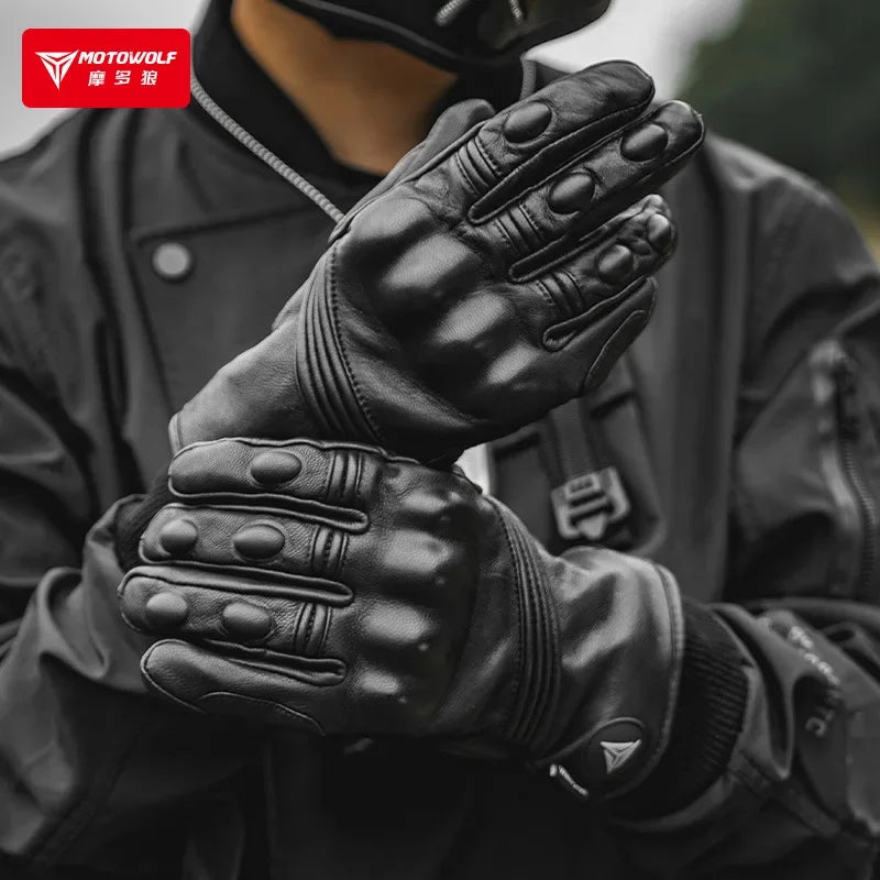 Motowolf Winter Motorcycle Bike Warmer Gloves Windproof Thermal Touch Screen for Men Women Genuine Leather Riding Accessories