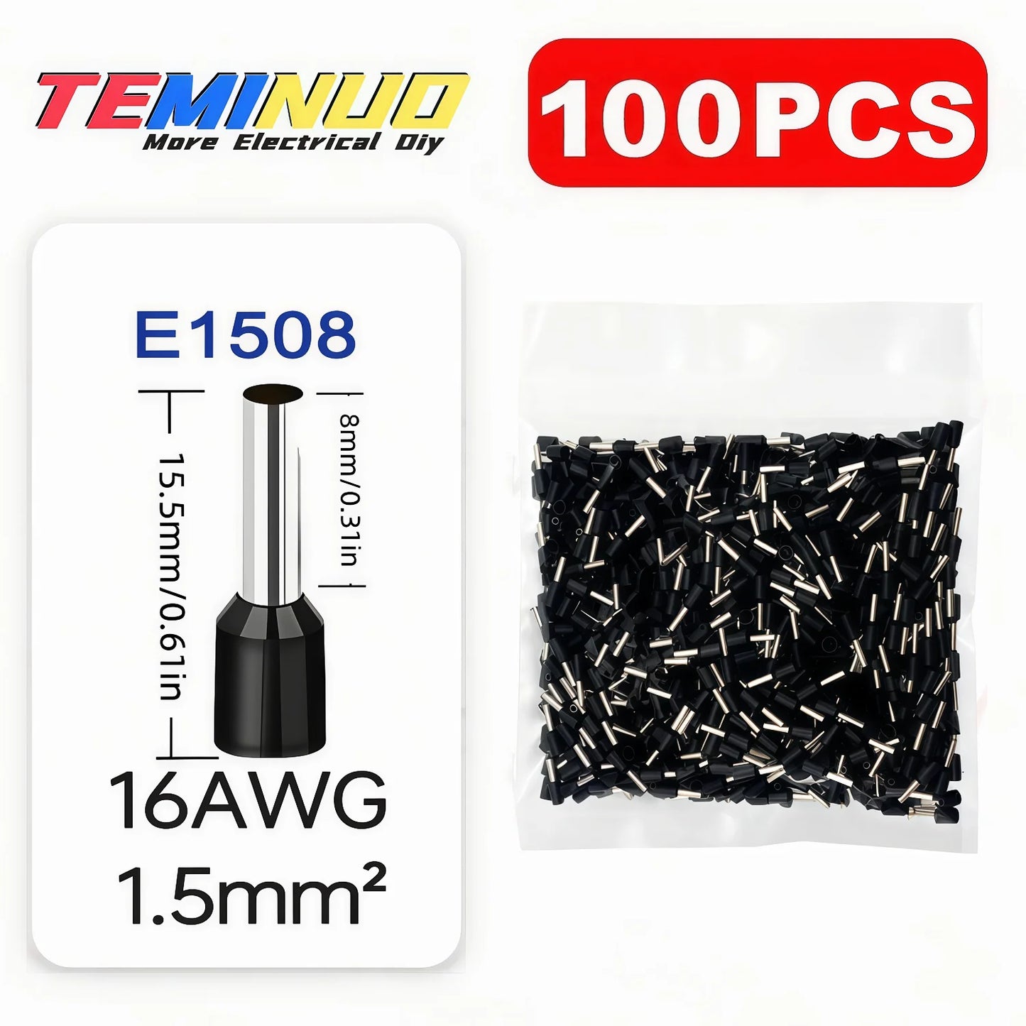 100PCS Insulated Cord End Terminals, AWG 22-6 Wire Ferrules Crimp Connectors, E7508/E1008/E1508/E2508/E4009/E6012/E10-12/E16-12