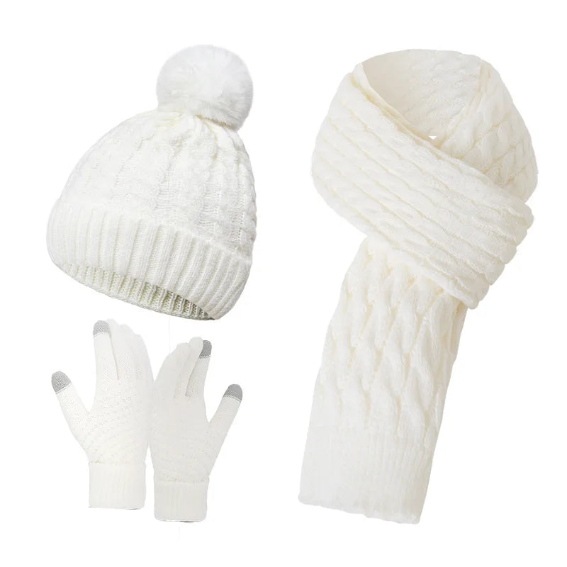 Women Winter 3Pcs Set Pom Pom Beanie Hat Scarf Touch Screen Gloves Sequin Knitted Warm Outdoor Accessories Christmas Gifts
