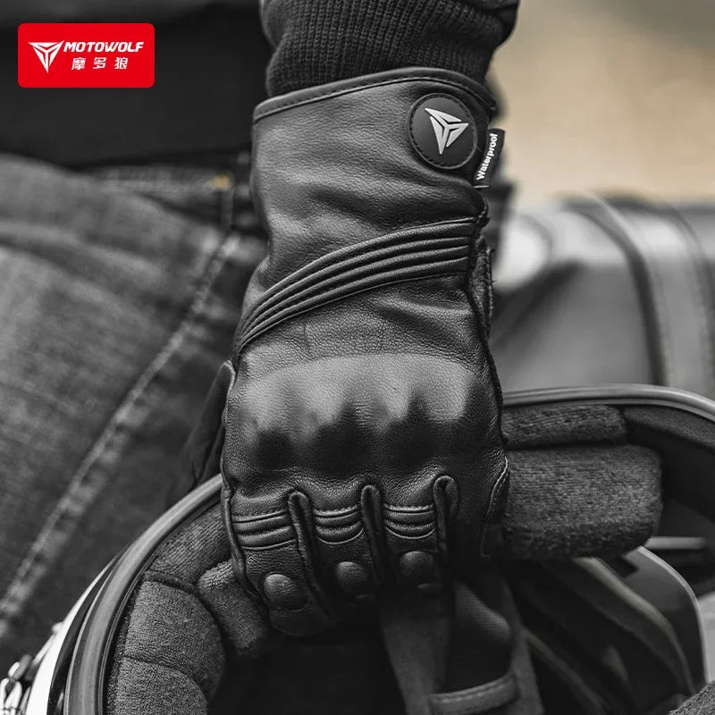 Motowolf Winter Motorcycle Bike Warmer Gloves Windproof Thermal Touch Screen for Men Women Genuine Leather Riding Accessories