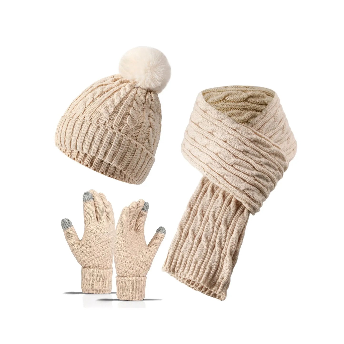 Women Winter 3Pcs Set Pom Pom Beanie Hat Scarf Touch Screen Gloves Sequin Knitted Warm Outdoor Accessories Christmas Gifts