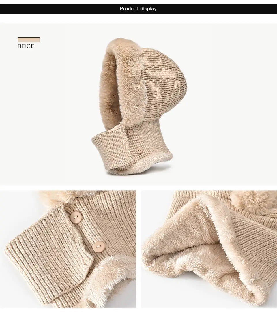 BeauToday Winter Knitted Hat Women Faux Fur Ear Protection Beanies Female Hooded Neck Collar Adjustable Earflap Caps 96502