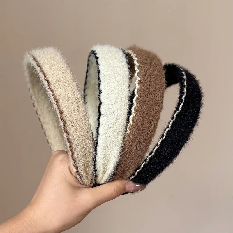 Autumn Winter Plush Ribbon Headbands Black White Cashmere Knit Hairband Women's Elegant Hair Accessories Warm Headwrap Non-slip