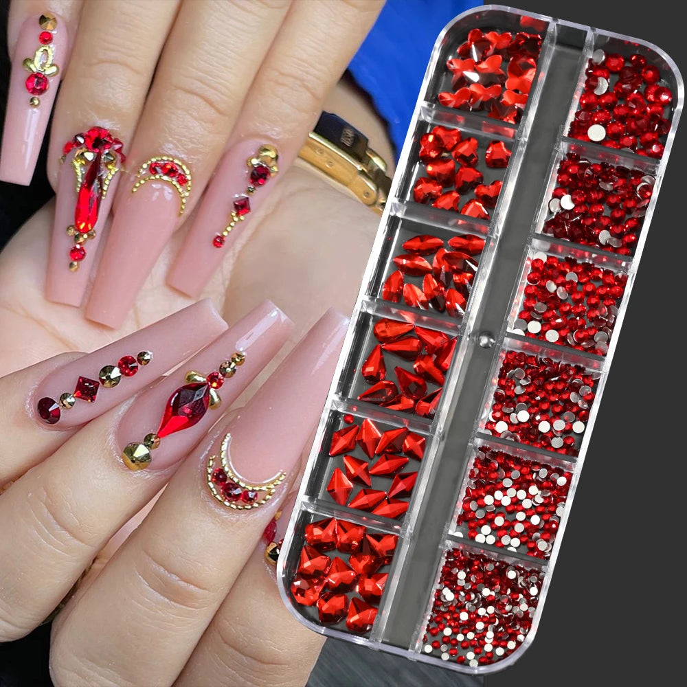 12Grids 3D Gold/Champagne Nail Art Rhinestones Mixed-Shapes Flat-Back Glass Diamonds Nails Charms Luxury DIY Manicure Decoration