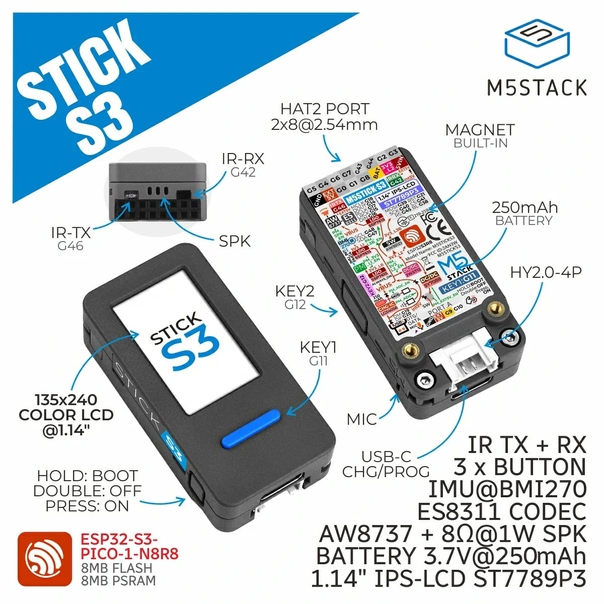 M5Stack StickS3 ESP32S3 Development Board 1.14 LCD WiFi Bluetooth for Smart Home Remote Control IoT Applications