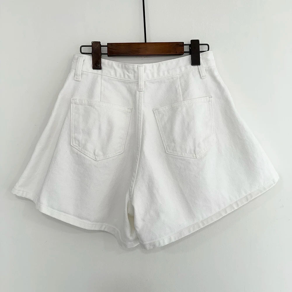 REALEFT Summer Washed High Waist Women's A-line Denim Shorts Pocket White 2025 New Casual Loose Wide Leg Jeans Shorts Female