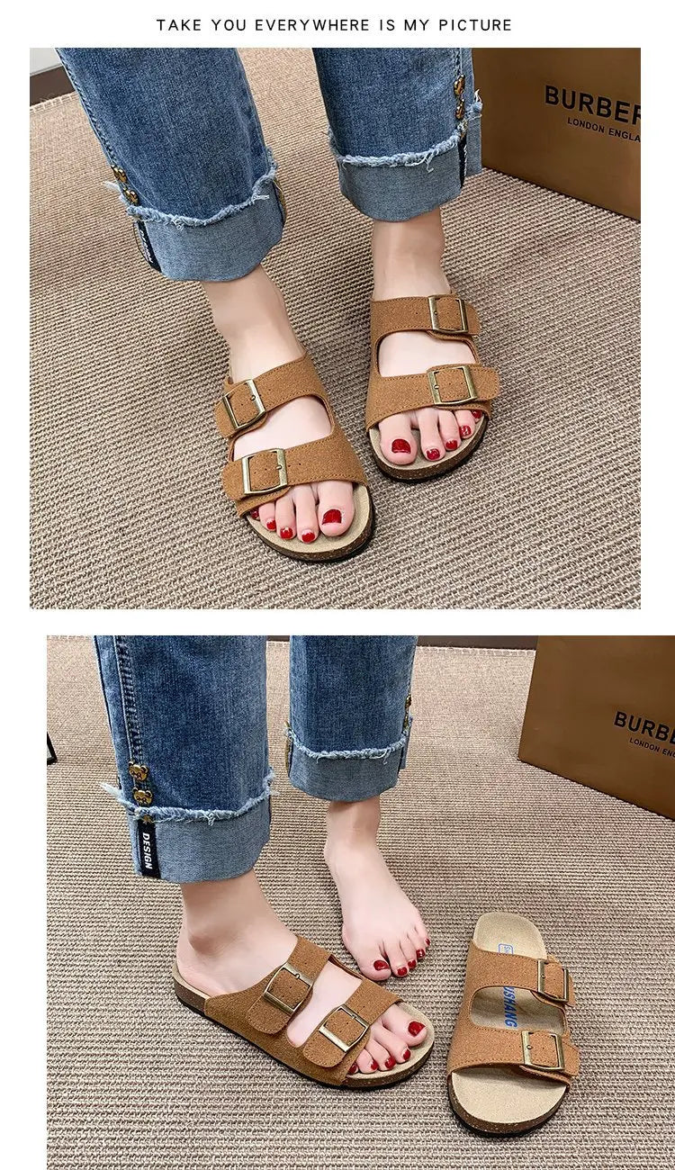 Comwarm Men's Cork Footbed Slides Sandals Arch Support Summer Outdoor Sandals with Adjustable Buckle Leisure Men Leather Slides