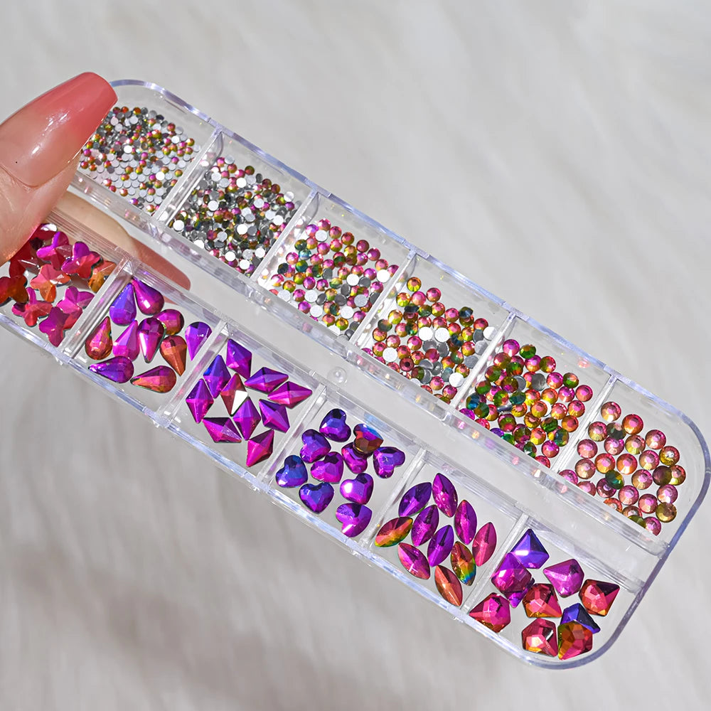 12Grids 3D Gold/Champagne Nail Art Rhinestones Mixed-Shapes Flat-Back Glass Diamonds Nails Charms Luxury DIY Manicure Decoration