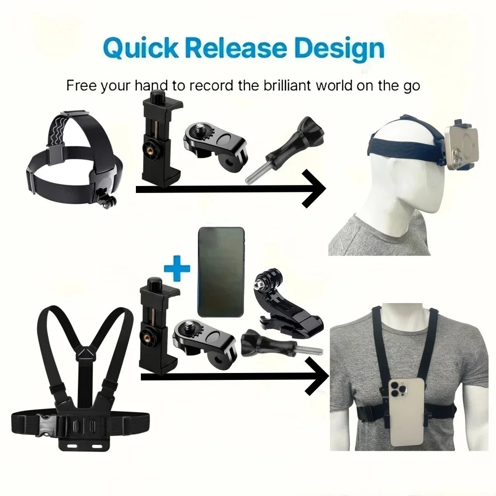 6in1 Action Camera Accessories Kit Head Strap Chest Strap Mount Adjustable Holder for Action 6 5Pro GoPro DJI Smartphone Bracket