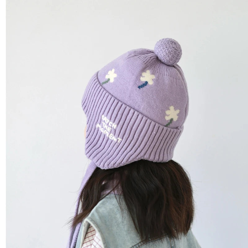 5 Colors Winter Girls Pink Hat Cute Ear Protection Cap Kids Warm Knitted Beanie Hats Outdoor Baby Headwear Accessories 2-8Y