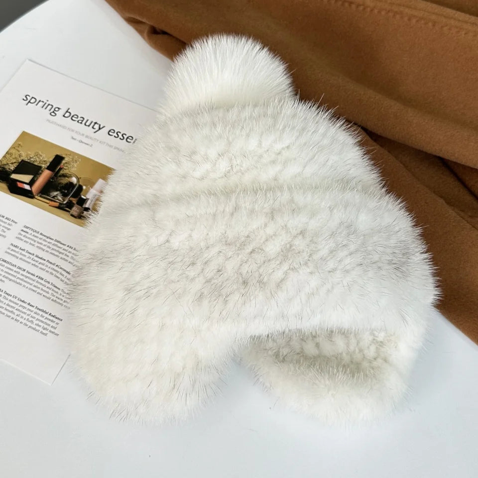 New Winter Ladies Real Mink Fur Hat Warm Thickened Ear Protection Knitted Cap Ladies Winter Fashion Accessories