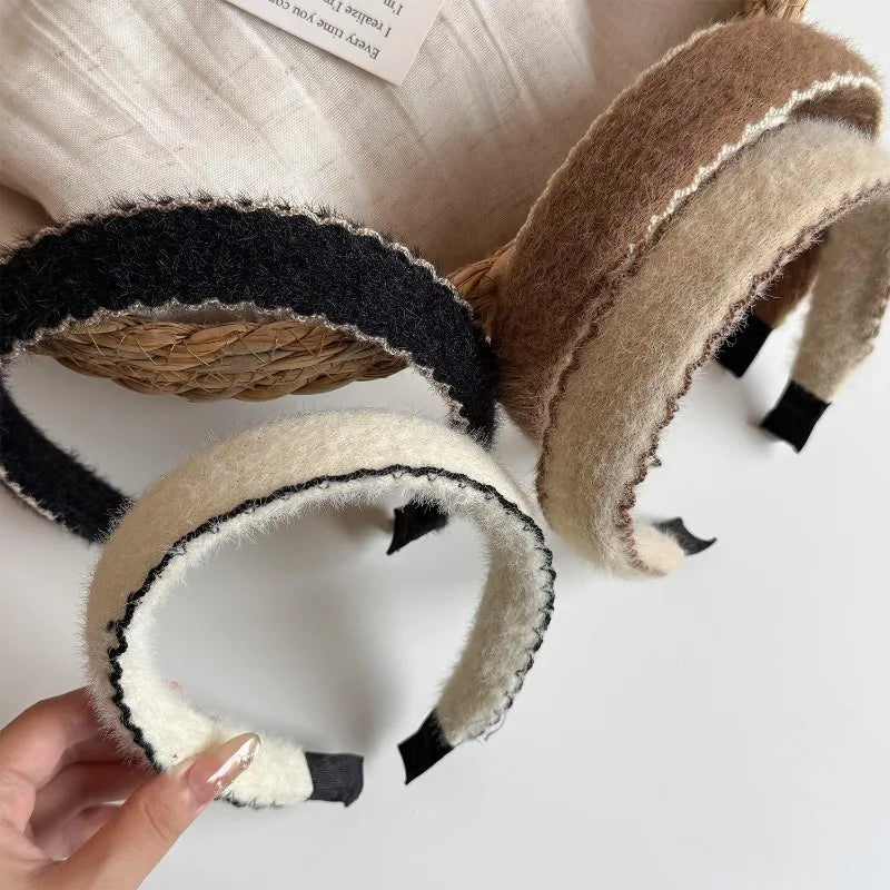 Autumn Winter Plush Ribbon Headbands Black White Cashmere Knit Hairband Women's Elegant Hair Accessories Warm Headwrap Non-slip