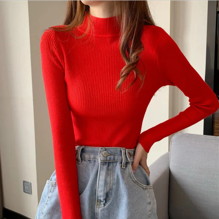 zjaiss 2026 Autumn Basic Bottoming Sweater Top Women Ribbed Soft Mock Neck Elastic Pullover Warm Solid Color Slim Jumper