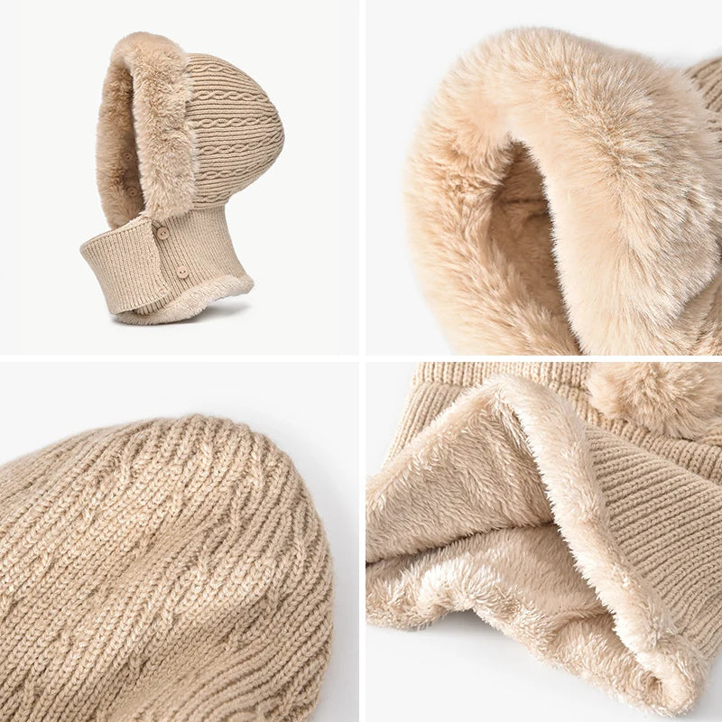 BeauToday Winter Knitted Hat Women Faux Fur Ear Protection Beanies Female Hooded Neck Collar Adjustable Earflap Caps 96502