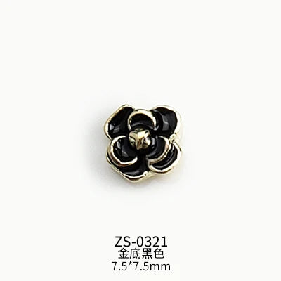 10PCS Glossy White Black Dimaonds Pearls Gold Edge Camellia Rose Flowers Metal Nail Art Rhinestones Jewelry Manicure Decorations