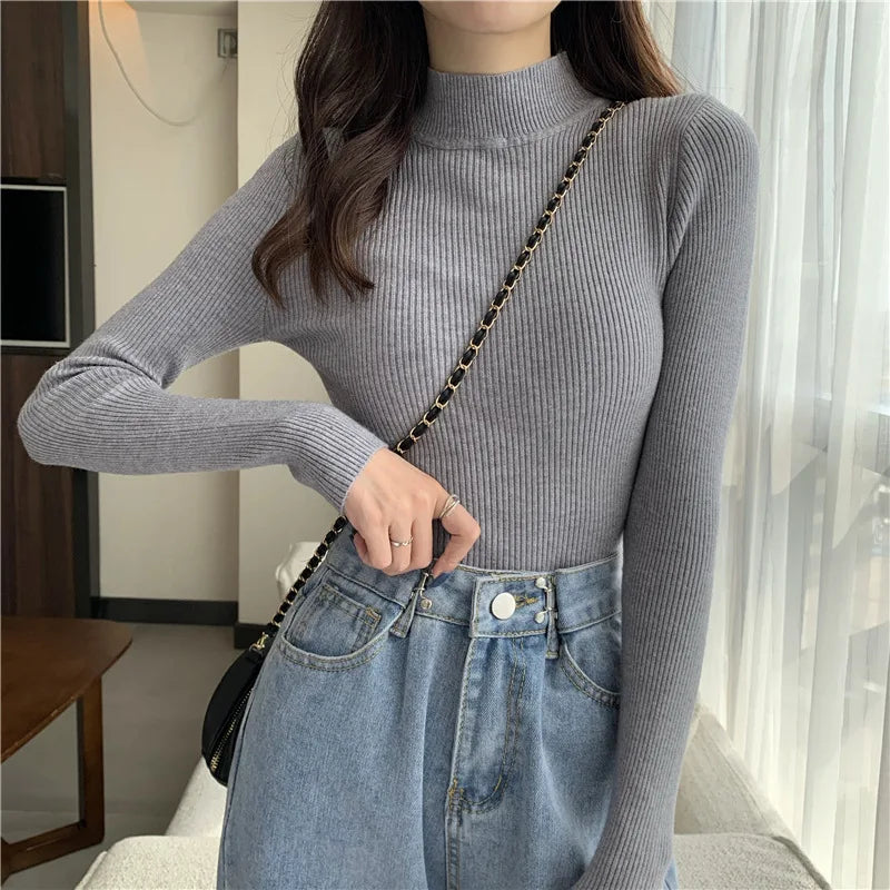 zjaiss 2026 Autumn Basic Bottoming Sweater Top Women Ribbed Soft Mock Neck Elastic Pullover Warm Solid Color Slim Jumper