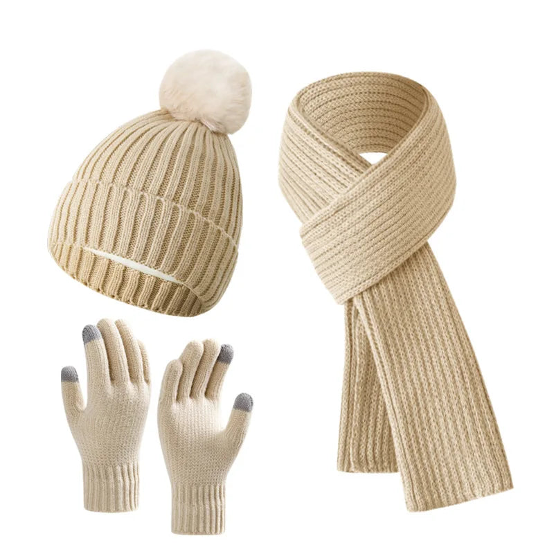 Women Winter 3Pcs Set Pom Pom Beanie Hat Scarf Touch Screen Gloves Sequin Knitted Warm Outdoor Accessories Christmas Gifts