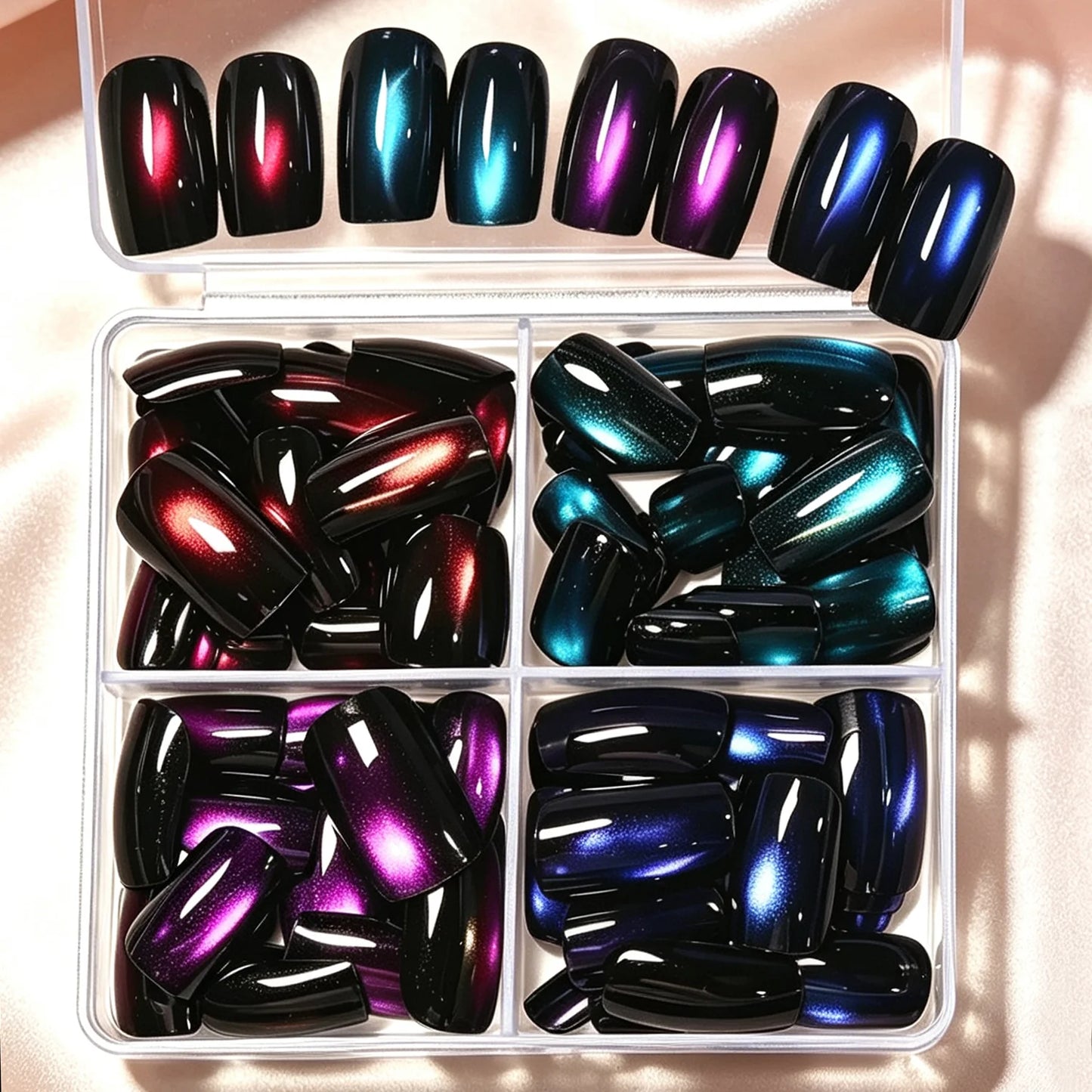 96pcs/box Short Square Cat Eye Press On Nails 4colors Glossy Glitter Cat Eye French Fake Nails Full Cover Acrylic Fake Nails Y2K