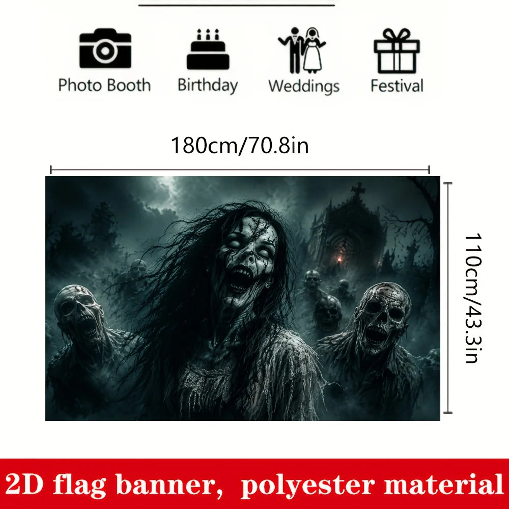 Halloween zombie-themed background, suitable for theme parties, escape room setups, studio decorations, and outdoor gatherings.