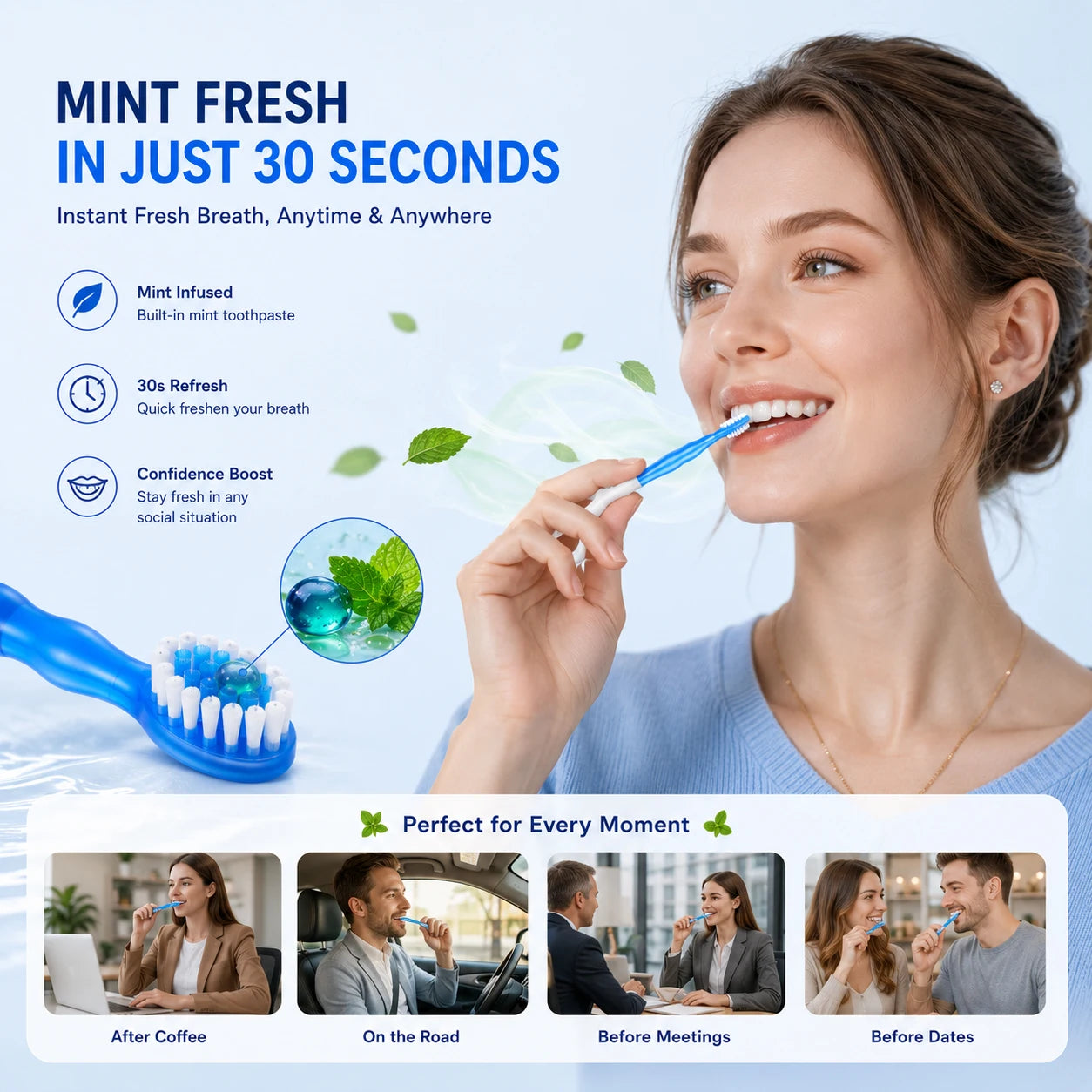 5-in-1 Disposable Travel Toothbrush 12Pcs Mint,Individually Wrapped Soft Brush with Toothpaste Floss Pick Tongue Scraper