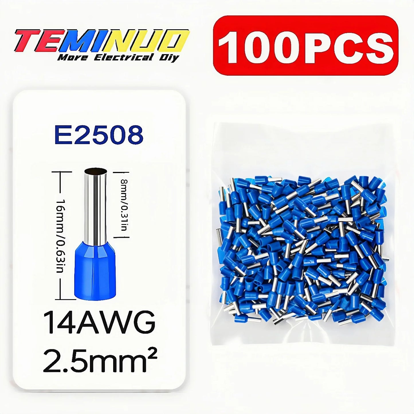 100PCS Insulated Cord End Terminals, AWG 22-6 Wire Ferrules Crimp Connectors, E7508/E1008/E1508/E2508/E4009/E6012/E10-12/E16-12