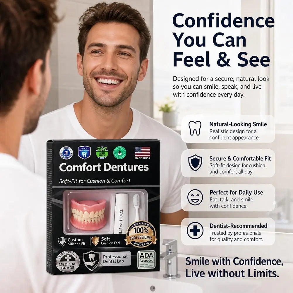 Moldable Silicone Denture Set, Upper & Lower Natural Ivory False Teeth Kit, Instant Smile with Toothbrush & Toothpaste