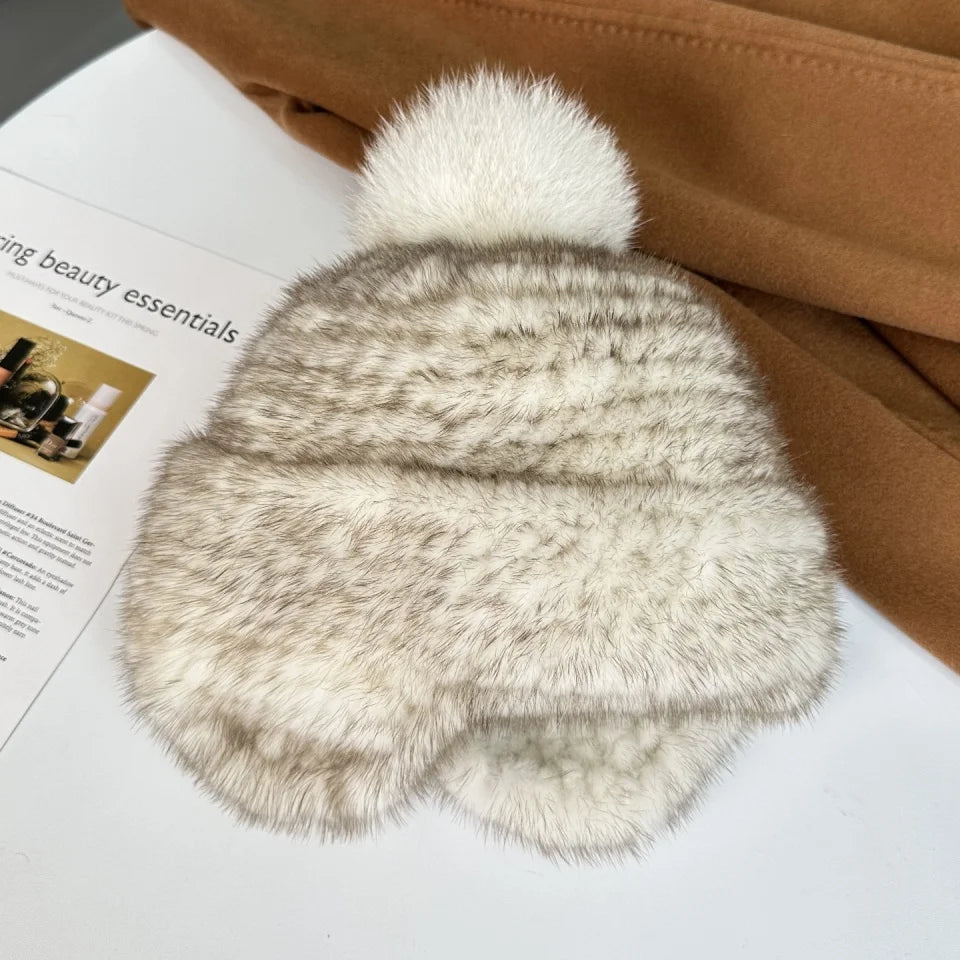 New Winter Ladies Real Mink Fur Hat Warm Thickened Ear Protection Knitted Cap Ladies Winter Fashion Accessories