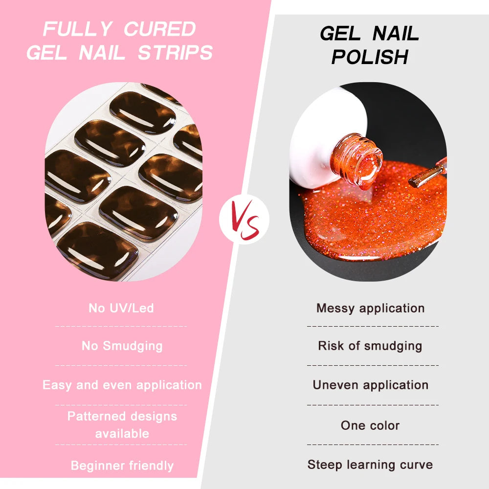 UV FREE Fully Cured Gel Nail Strips 16/22 Tips Self Adhesive Gel Nail Stickers DIY Nail Art Manicure DON'T NEED UV LAMP