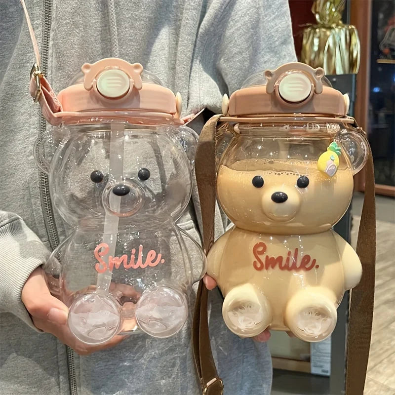 1000ml Large Capacity Cute Bear Water Bottle 2 in 1 Straw Cup for Girls Children  BPA Free Leakproof for School Sports Gift