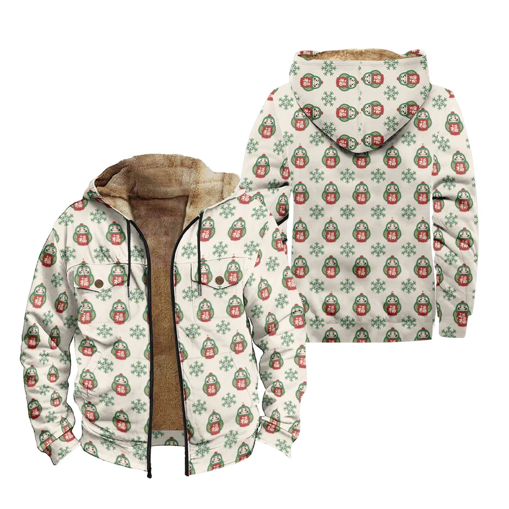 Winter Holiday Daily Wear Christmas Bells Warm Jackets Hooded Coats Print Plush Thick Hunting Farmer Windproof  Unisex Outerwear