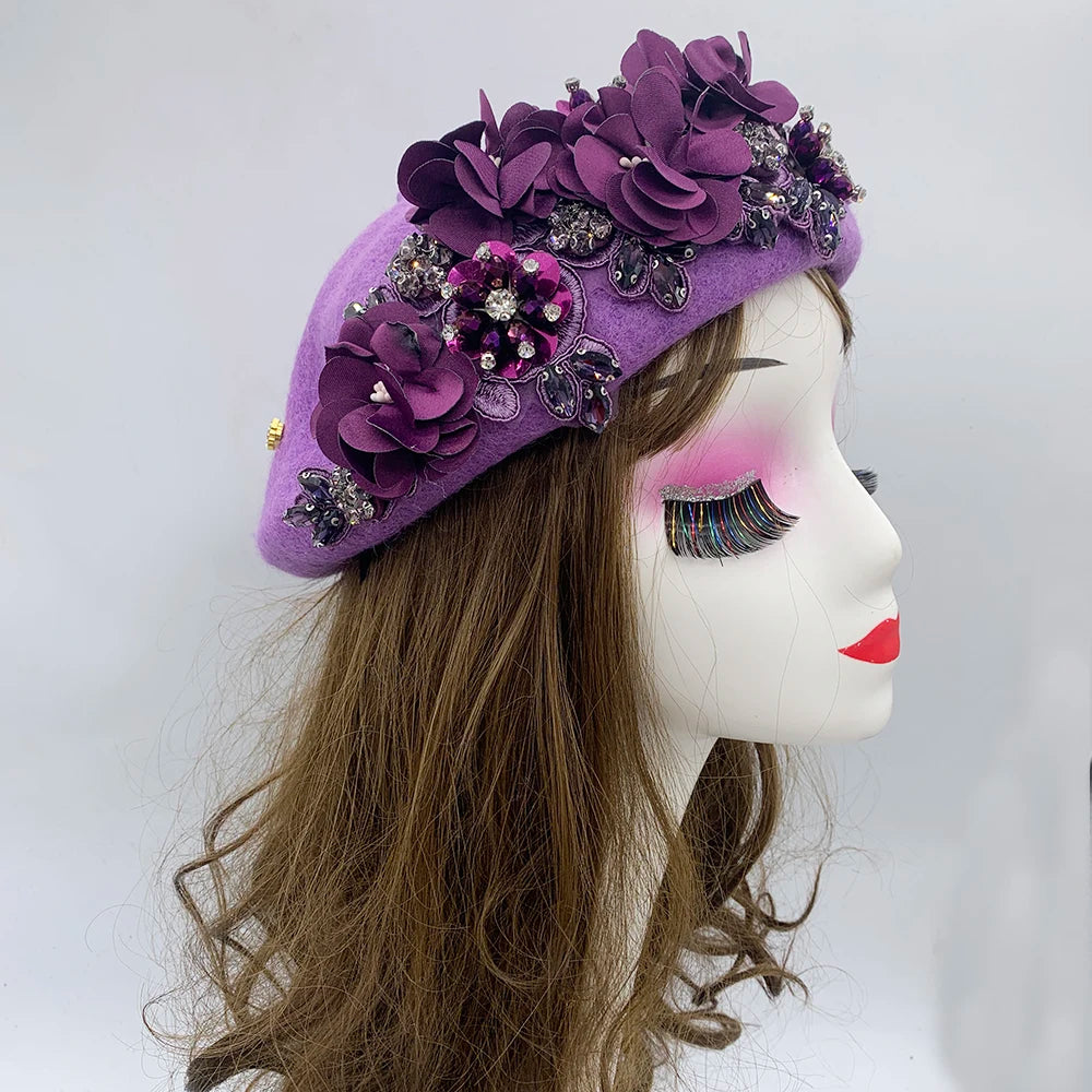 Winter Unique Designer Berets for Women Luxury Rhinestone Bouquet Turban Cap Exaggerated Painter Hat Female Winter Headpiece