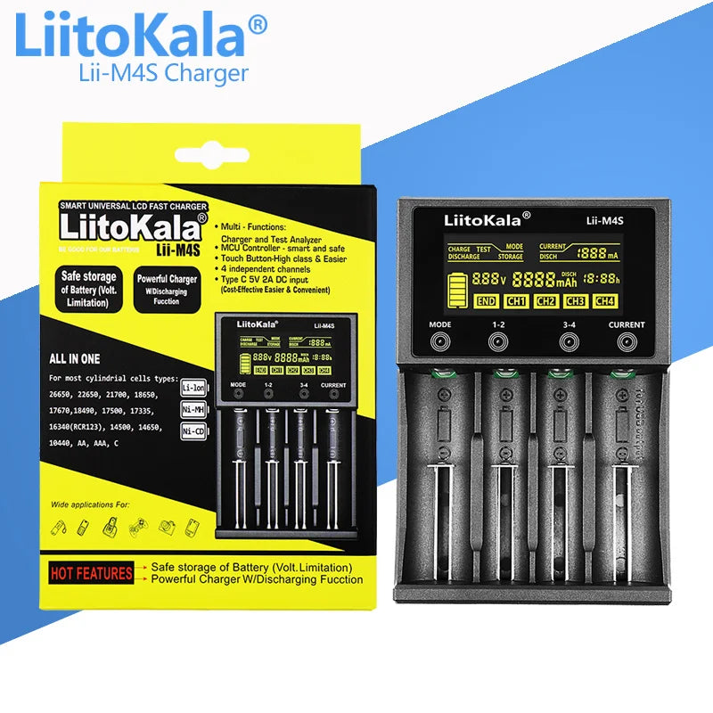 LiitoKala Lii-D4XL Lii-M4 Lii-M4S Lii-402 Lii-202 Lii-S2 3.7V/18650 18350 26650 14500 16340 NiMH Lithium Battery Smart Charger