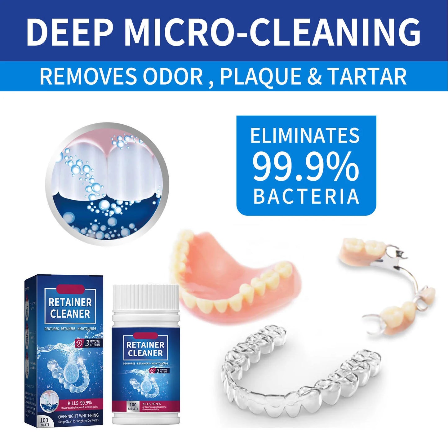 100PCS Denture Cleaning Tablets Removes Odor Oral Cleaning Retainer Cleaner for Aligner Mouth Night Guard