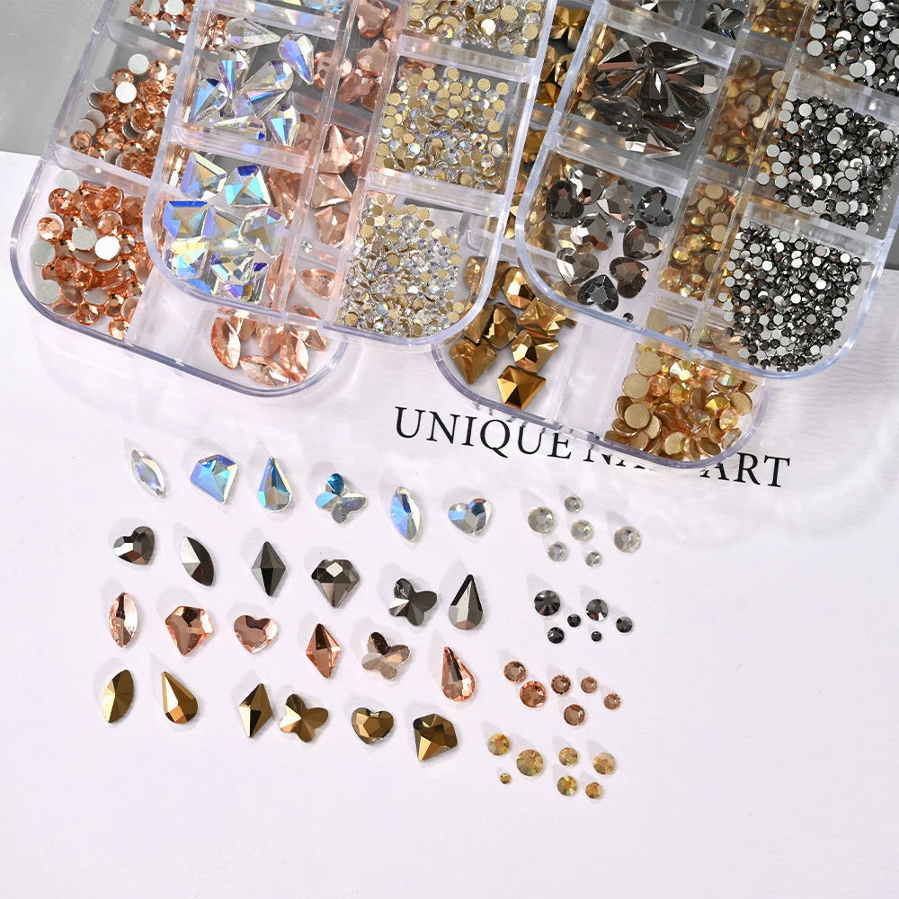 12Grids 3D Gold/Champagne Nail Art Rhinestones Mixed-Shapes Flat-Back Glass Diamonds Nails Charms Luxury DIY Manicure Decoration