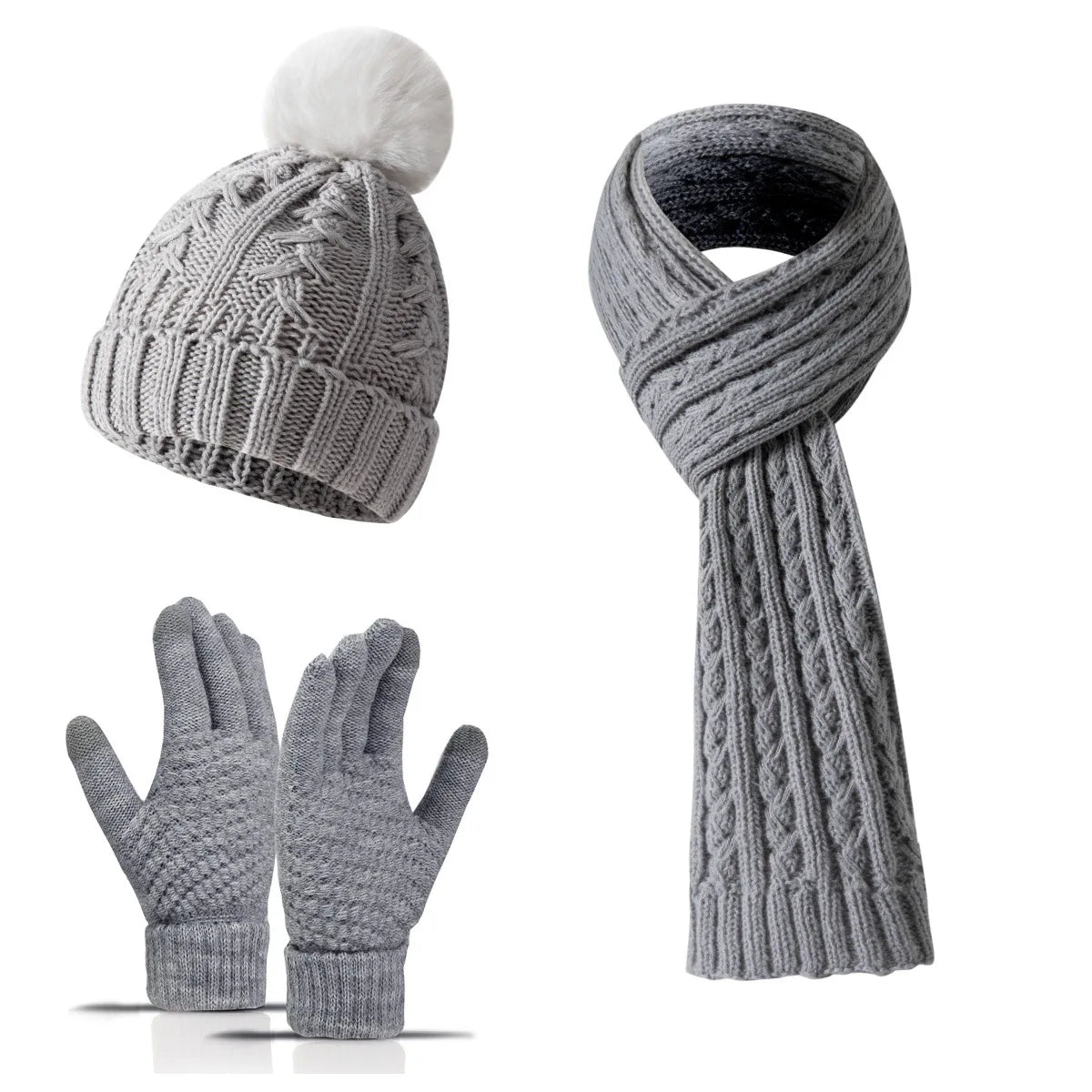 Women Winter 3Pcs Set Pom Pom Beanie Hat Scarf Touch Screen Gloves Sequin Knitted Warm Outdoor Accessories Christmas Gifts