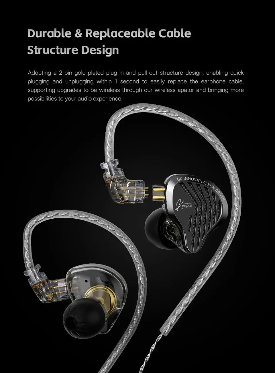 GK KUNTEN Metal Earphone HiFi In-Ear Earbuds 2pin 3.5mm Removable Cable With Microphone Type-c For Music Game KZ