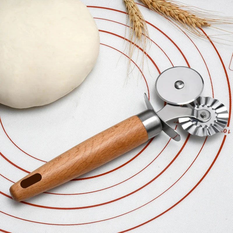 【M】Pasta Cutter Wheel - Fluted Pastry Cutter Double Wheel Ravioli Cutter Tool With Wooden Handle For Pasta Pizza Ravioli Cookie