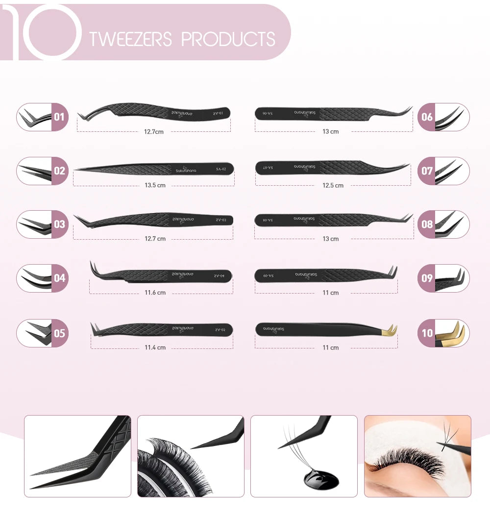 SAKURAHANA High-end Eyelash Tweezers Black Fiber Tip For Lash Extensions Mega Volume Mink Lashes Tool Straight Head Curved Tip