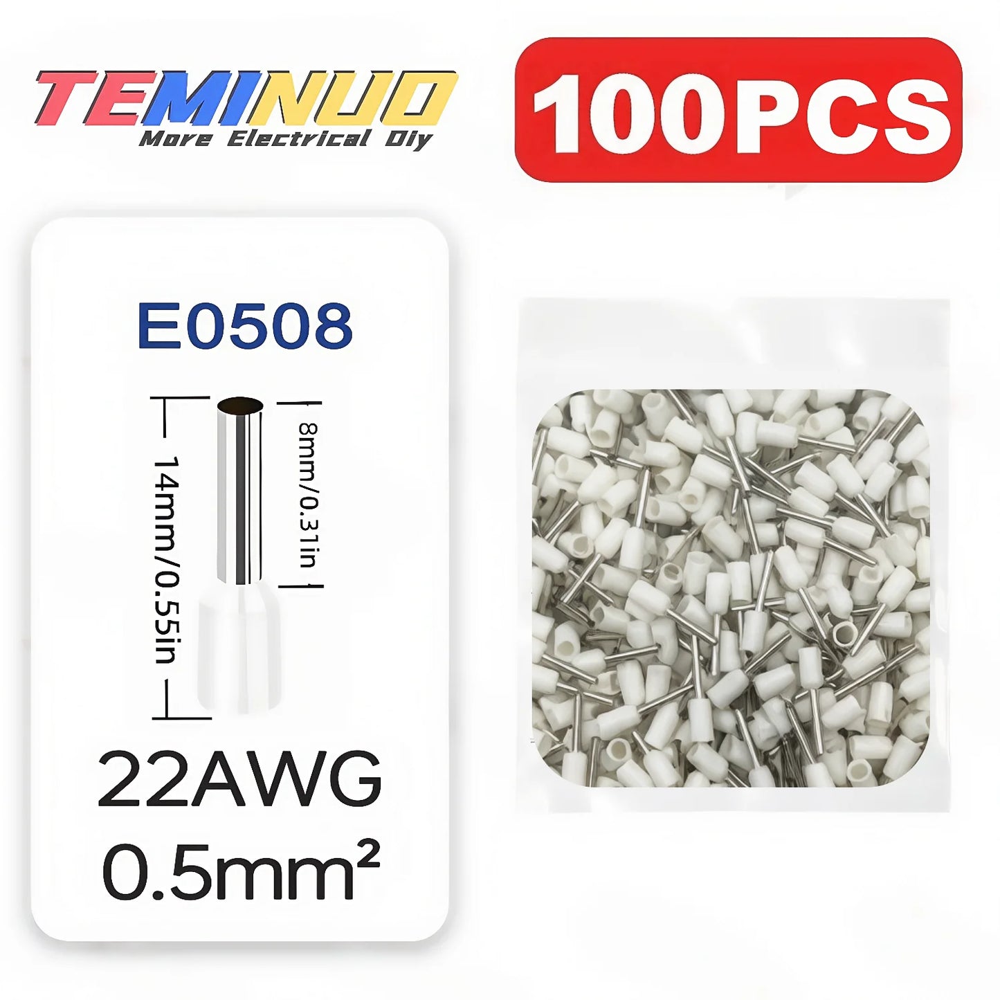 100PCS Insulated Cord End Terminals, AWG 22-6 Wire Ferrules Crimp Connectors, E7508/E1008/E1508/E2508/E4009/E6012/E10-12/E16-12