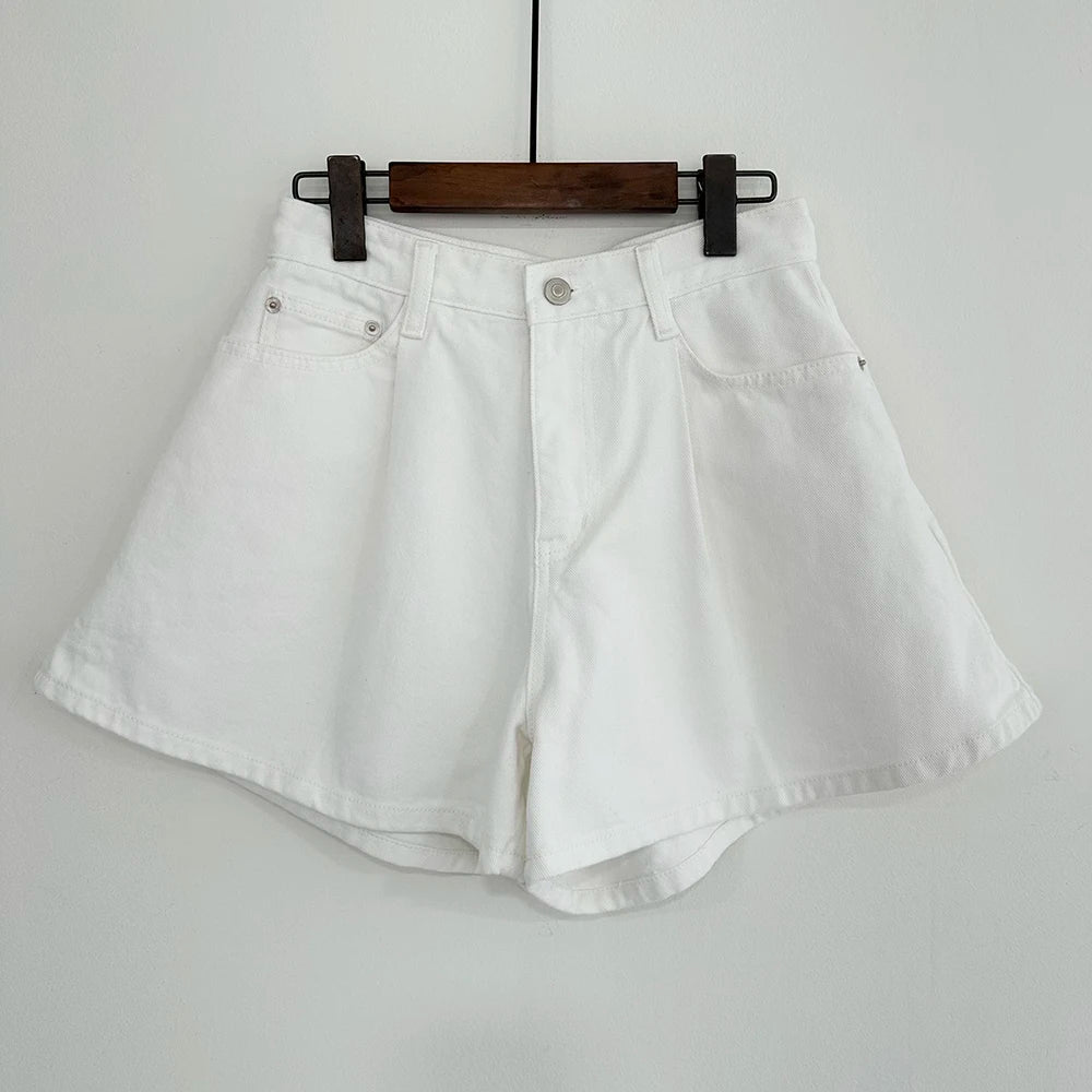 REALEFT Summer Washed High Waist Women's A-line Denim Shorts Pocket White 2025 New Casual Loose Wide Leg Jeans Shorts Female